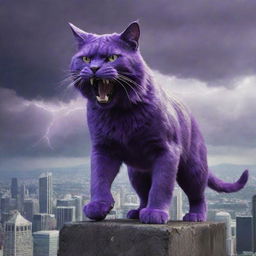 Amplify the giant purple cat's expression to the pinnacle of fury, implying a thunderous roar that echoes across the sprawling city below.