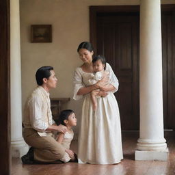 A scene set in the Filipino colonial period, showcasing a mother and father soothing their dispirited young son. They exude love and warmth, standing in their traditional attire, inside a colonial-style house, signifying familial fortitude.