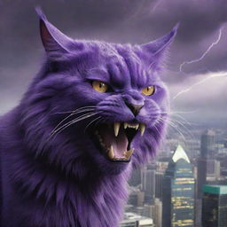 Amplify the giant purple cat's expression to the pinnacle of fury, implying a thunderous roar that echoes across the sprawling city below.