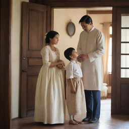 A scene set in the Filipino colonial period, showcasing a mother and father soothing their dispirited young son. They exude love and warmth, standing in their traditional attire, inside a colonial-style house, signifying familial fortitude.