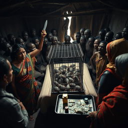 A dusky, tired-looking Indian woman in a colorful saree, attempting to escape with a fearful expression, facing a group of 15 angry African men surrounding a simple bed in a dimly lit rustic hut