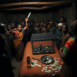 A dusky, tired-looking Indian woman in a colorful saree, attempting to escape with a fearful expression, facing a group of 15 angry African men surrounding a simple bed in a dimly lit rustic hut