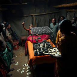 A dusky, tired-looking Indian woman in a colorful saree, attempting to escape with a fearful expression, facing a group of 15 angry African men surrounding a simple bed in a dimly lit rustic hut