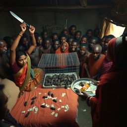 A dusky, tired-looking Indian woman in a colorful saree, attempting to escape with a fearful expression, facing a group of 15 angry African men surrounding a simple bed in a dimly lit rustic hut