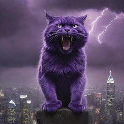 Amplify the giant purple cat's expression to the pinnacle of fury, implying a thunderous roar that echoes across the sprawling city below.