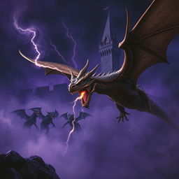 A fierce flying bronze-scaled dragon biting at the air with sparks of lightning illuminating its fierce mouth