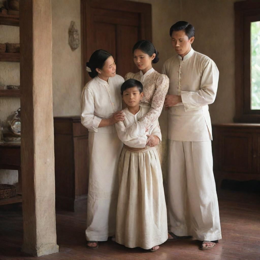 A scene set in the Filipino colonial period, showcasing a mother and father soothing their dispirited young son. They exude love and warmth, standing in their traditional attire, inside a colonial-style house, signifying familial fortitude.