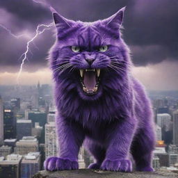 Amplify the giant purple cat's expression to the pinnacle of fury, implying a thunderous roar that echoes across the sprawling city below.