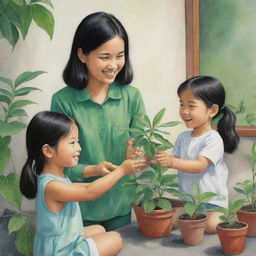 Illustrate a scene where a young girl is kindly offering a vibrant, green plant to her neighbor, Mang Juan.