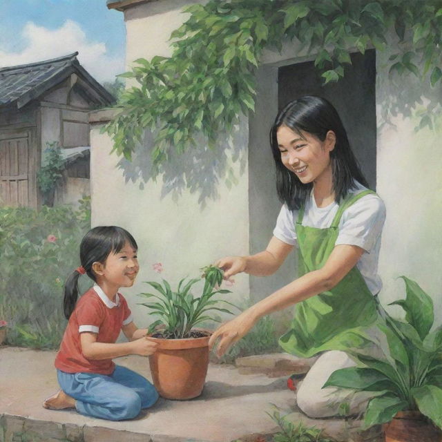 Illustrate a scene where a young girl is kindly offering a vibrant, green plant to her neighbor, Mang Juan.