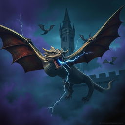 A fierce flying bronze-scaled dragon biting at the air with sparks of blue lightning crackling from its mouth