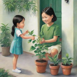 Illustrate a scene where a young girl is kindly offering a vibrant, green plant to her neighbor, Mang Juan.