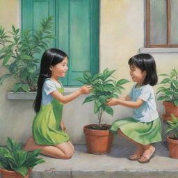 Illustrate a scene where a young girl is kindly offering a vibrant, green plant to her neighbor, Mang Juan.