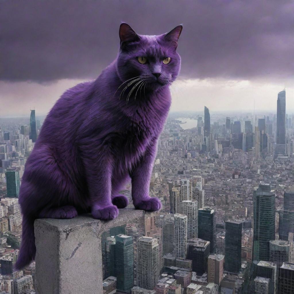 The massive city-towering, purple, angry cat now extending its territorial domination beyond the city, starting to take over the world, reflecting fear and dominance in its eyes.