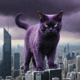 The massive city-towering, purple, angry cat now extending its territorial domination beyond the city, starting to take over the world, reflecting fear and dominance in its eyes.