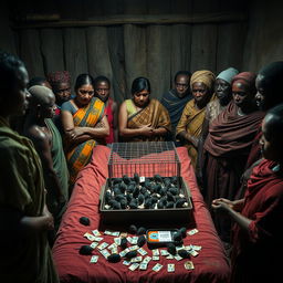 A dusky, tired-looking Indian woman in a colorful saree is being held firmly by two African women, conveying a sense of tension and vulnerability