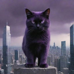 The massive city-towering, purple, angry cat now extending its territorial domination beyond the city, starting to take over the world, reflecting fear and dominance in its eyes.