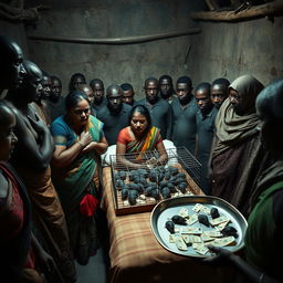 A dusky, tired-looking Indian woman in a colorful saree is being held firmly by two African women, conveying a sense of tension and vulnerability