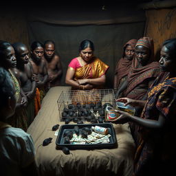 A dusky, tired-looking Indian woman in a colorful saree is being held firmly by two African women, conveying a sense of tension and vulnerability