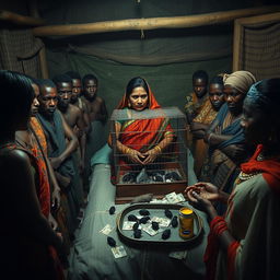 A dusky, tired-looking Indian woman in a colorful saree is being held firmly by two African women, conveying a sense of tension and vulnerability