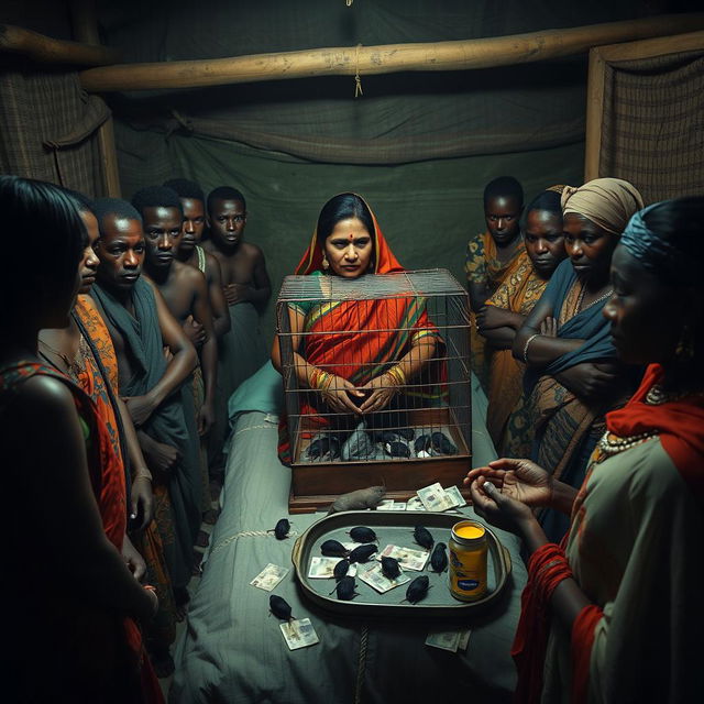 A dusky, tired-looking Indian woman in a colorful saree is being held firmly by two African women, conveying a sense of tension and vulnerability