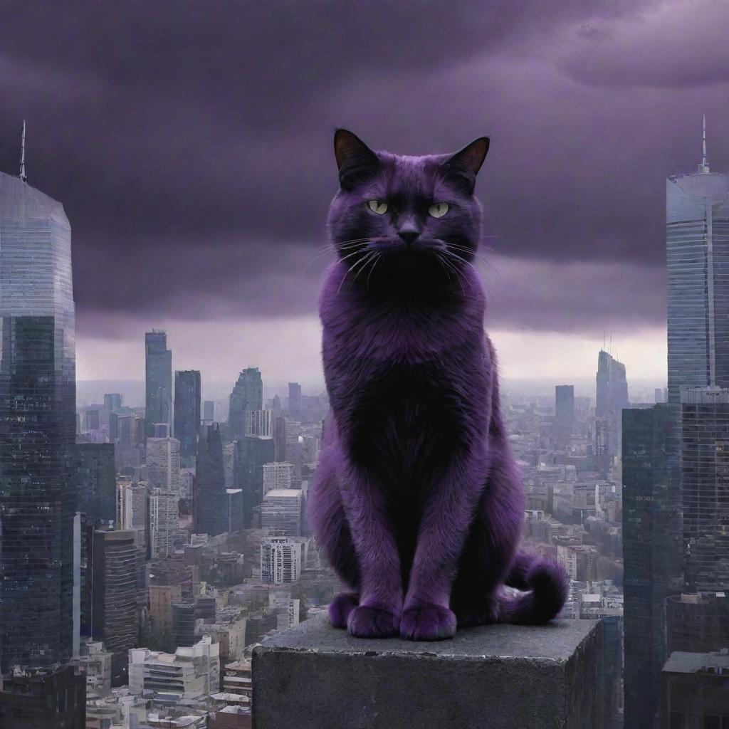 The massive city-towering, purple, angry cat now extending its territorial domination beyond the city, starting to take over the world, reflecting fear and dominance in its eyes.