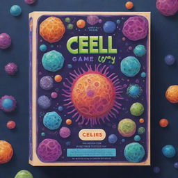 Design a game box for 'CELL-LAY', a game about cells, mitosis, and bacteria. Feature vibrant and captivating graphics of these elements in a way that mirrors the game's intrigue and excitement.