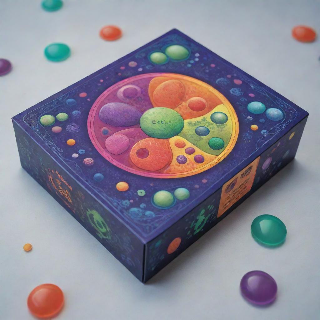 Design a game box for 'CELL-LAY', a game about cells, mitosis, and bacteria. Feature vibrant and captivating graphics of these elements in a way that mirrors the game's intrigue and excitement.