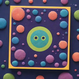 Design a game box for 'CELL-LAY', a game about cells, mitosis, and bacteria. Feature vibrant and captivating graphics of these elements in a way that mirrors the game's intrigue and excitement.