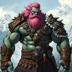 A powerful goliath with rugged grey-green skin and a striking pink beard, standing in a proud and imposing stance