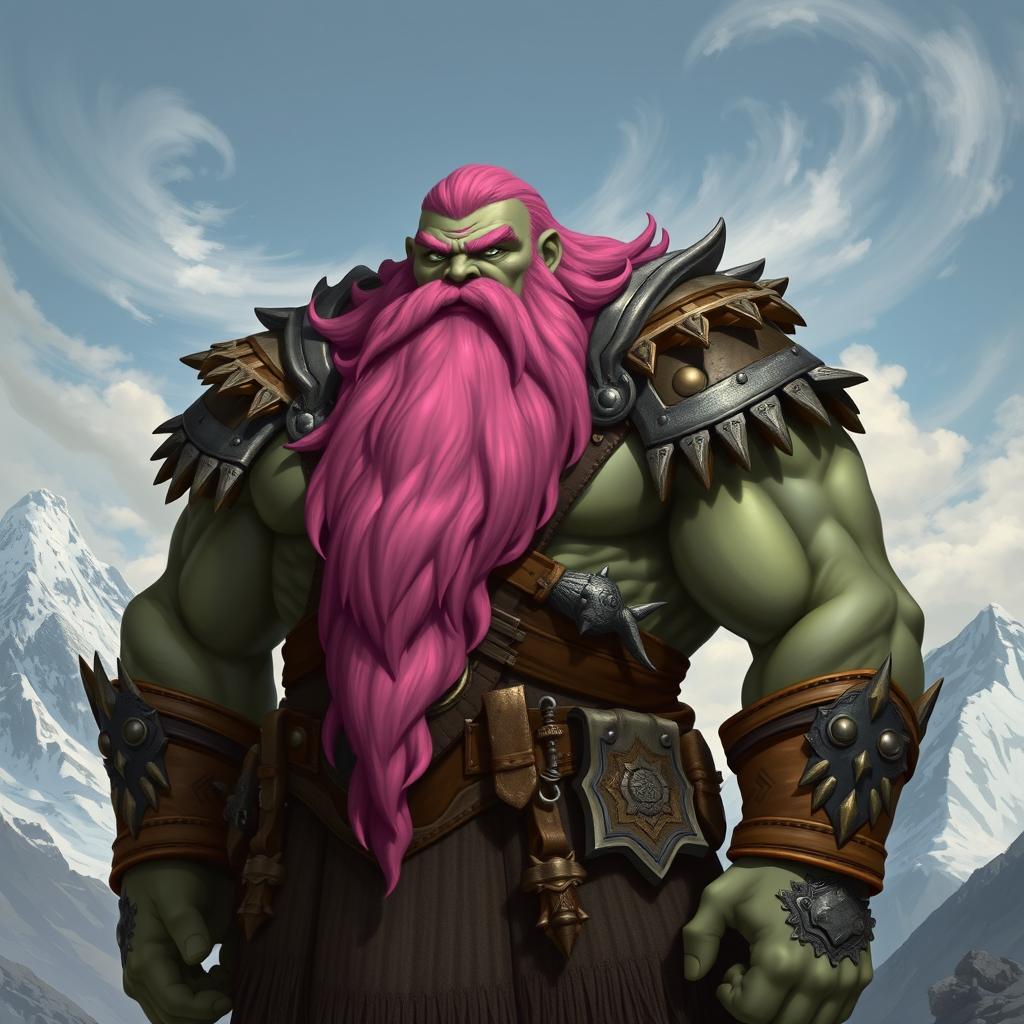 A powerful goliath with rugged grey-green skin and a striking pink beard, standing in a proud and imposing stance