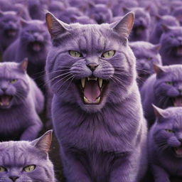 The world-dominating, gargantuan, purple cat now leading an intimidating army of similarly purple, ferocious feline warriors, ready to conquer.