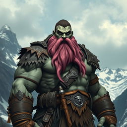 A powerful goliath with rugged grey-green skin and a striking pink beard, standing in a proud and imposing stance