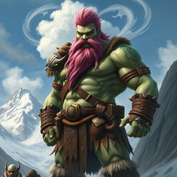 A powerful goliath with rugged grey-green skin and a striking pink beard, standing in a proud and imposing stance