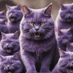 The world-dominating, gargantuan, purple cat now leading an intimidating army of similarly purple, ferocious feline warriors, ready to conquer.