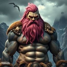 A formidable goliath with rugged skin in shades of earthy gray and a vibrant pink beard, showcasing his warrior heritage