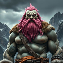 A formidable goliath with rugged skin in shades of earthy gray and a vibrant pink beard, showcasing his warrior heritage