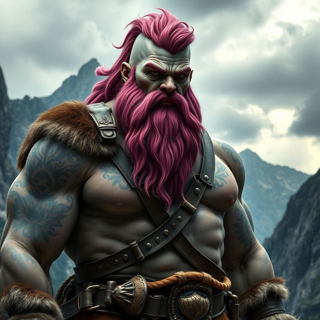 A formidable goliath with rugged skin in shades of earthy gray and a vibrant pink beard, showcasing his warrior heritage