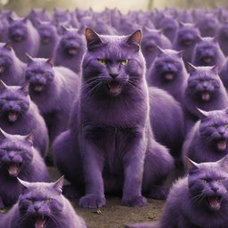 The world-dominating, gargantuan, purple cat now leading an intimidating army of similarly purple, ferocious feline warriors, ready to conquer.