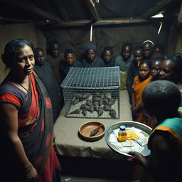 A dusky, sad, and tired-looking Indian woman in a colorful saree stands with a distressed expression, facing 15 angry African men surrounding a simple bed within a dimly lit rustic hut