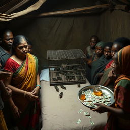 A dusky, sad, and tired-looking Indian woman in a colorful saree stands with a distressed expression, facing 15 angry African men surrounding a simple bed within a dimly lit rustic hut