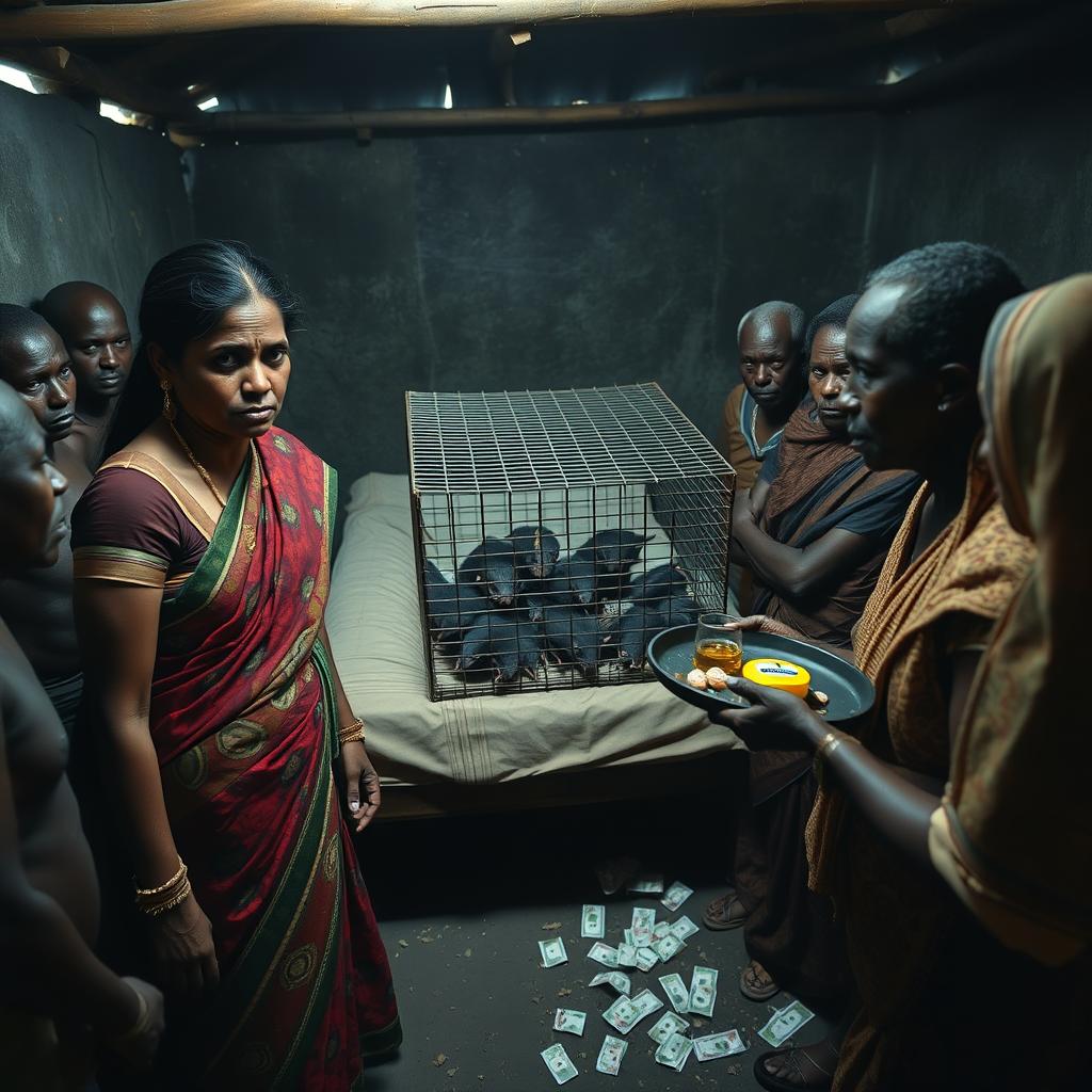 A dusky, sad, and tired-looking Indian woman in a colorful saree stands with a distressed expression, facing 15 angry African men surrounding a simple bed within a dimly lit rustic hut