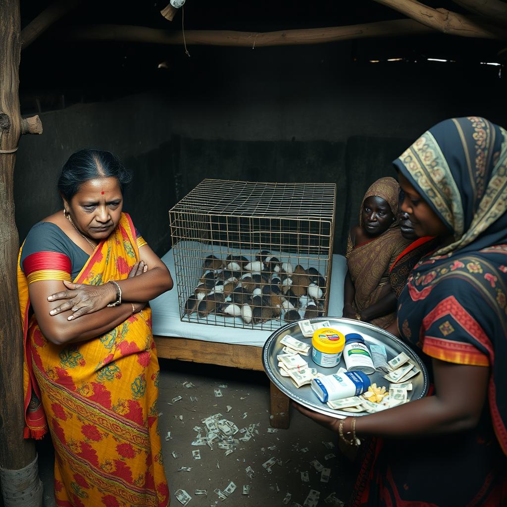 A dusky, sad, and tired-looking Indian woman in a colorful saree stands with a distressed expression, facing 15 angry African men surrounding a simple bed within a dimly lit rustic hut