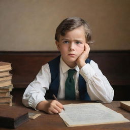 An image of a pensive male child in colonial period attire, surrounded by traditional school paraphernalia, portraying signs of struggle in academia. He is seated at an old wooden desk, his worried expression reflecting the difficulties he's facing.