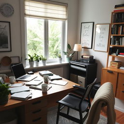 A cozy, stylish home office or workroom featuring modern decor, a large wooden desk cluttered with notebooks, a laptop, and coffee mugs