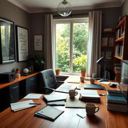 A cozy, stylish home office or workroom featuring modern decor, a large wooden desk cluttered with notebooks, a laptop, and coffee mugs