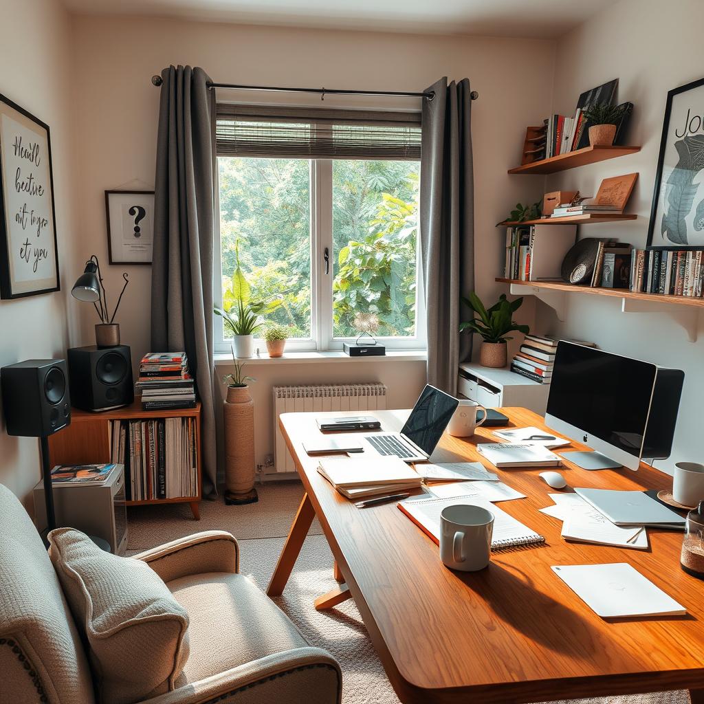 A cozy, stylish home office or workroom featuring modern decor, a large wooden desk cluttered with notebooks, a laptop, and coffee mugs