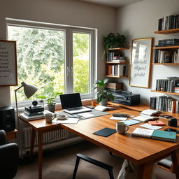 A cozy, stylish home office or workroom featuring modern decor, a large wooden desk cluttered with notebooks, a laptop, and coffee mugs