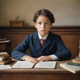 An image of a pensive male child in colonial period attire, surrounded by traditional school paraphernalia, portraying signs of struggle in academia. He is seated at an old wooden desk, his worried expression reflecting the difficulties he's facing.