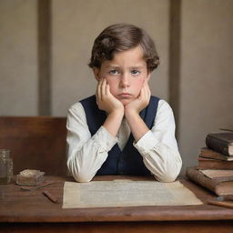 An image of a pensive male child in colonial period attire, surrounded by traditional school paraphernalia, portraying signs of struggle in academia. He is seated at an old wooden desk, his worried expression reflecting the difficulties he's facing.